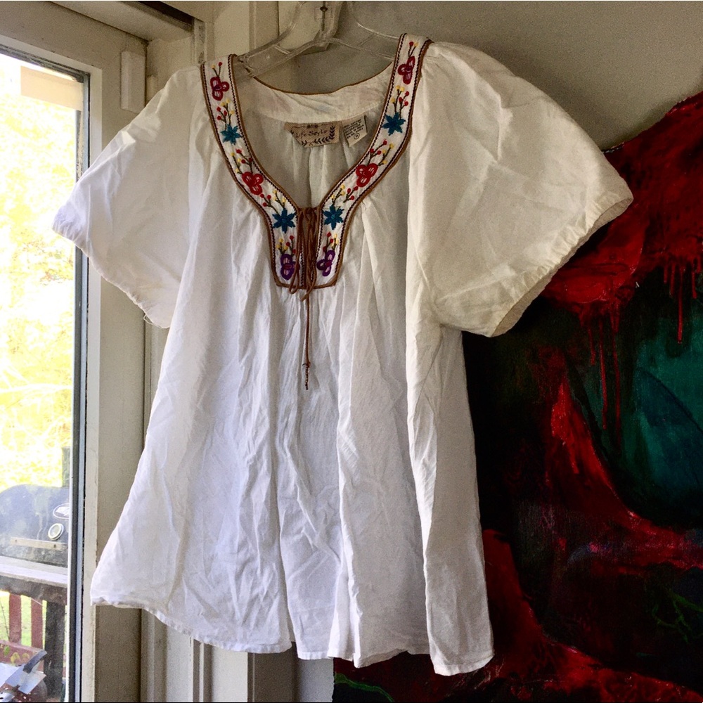 Boho Life Style White Embroidered Top M Cotton